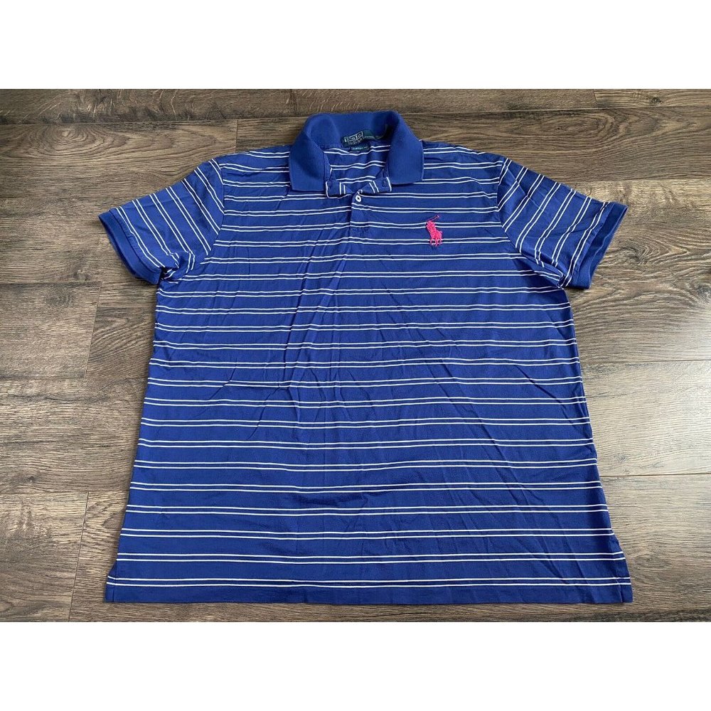 Polo by Ralph Lauren Blue White Striped Polo with Pink Pony